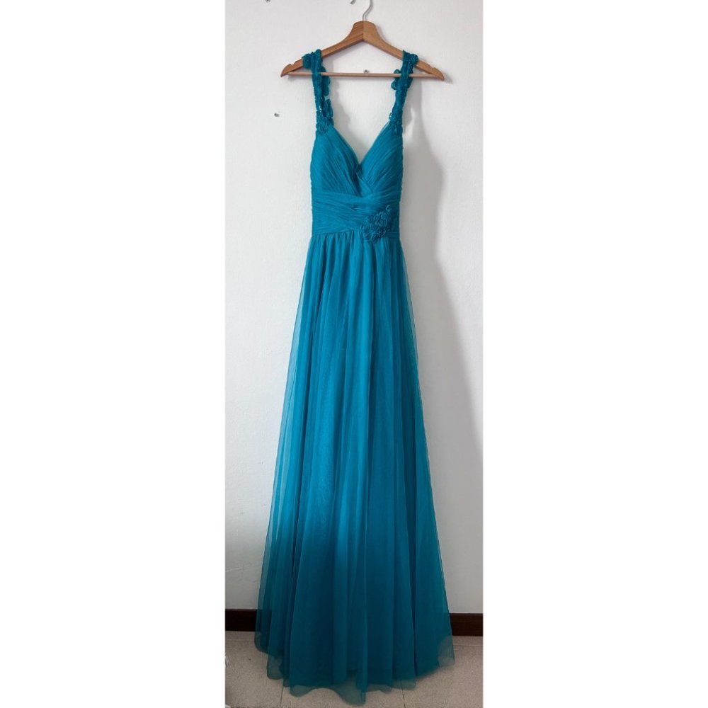 Bridesmaid Dress - Teal Chiffon Gown with Flower Details